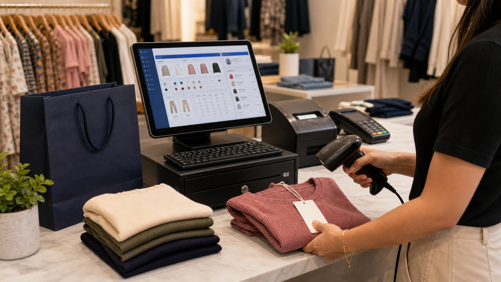 Venta de prenda con variante, etiqueta y punto de venta en boutique