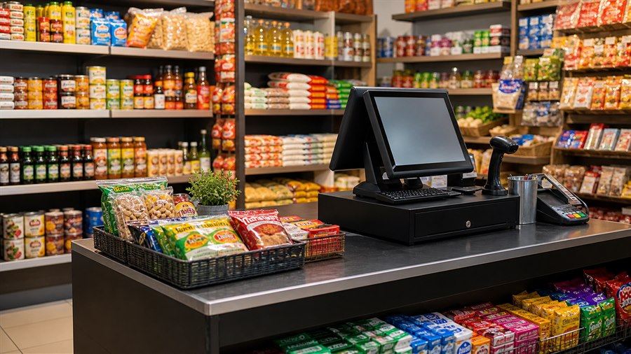 Tienda de abarrotes con punto de venta y anaqueles de productos