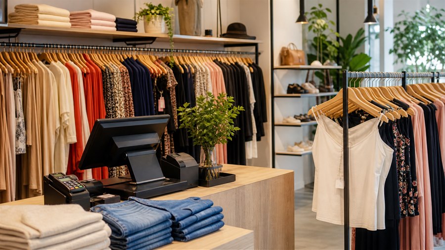 Boutique con ropa organizada y punto de venta