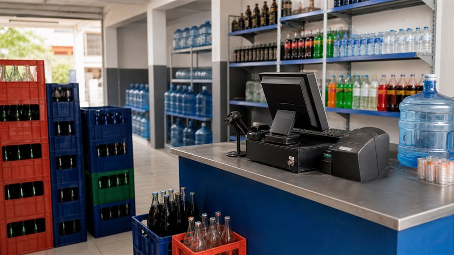 Expendio con bebidas, envases retornables y punto de venta