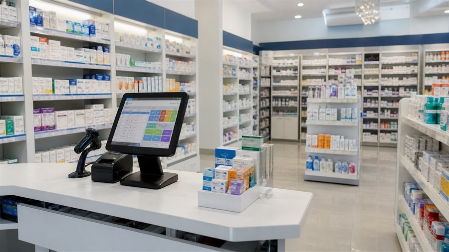 Farmacia con anaqueles de productos y punto de venta