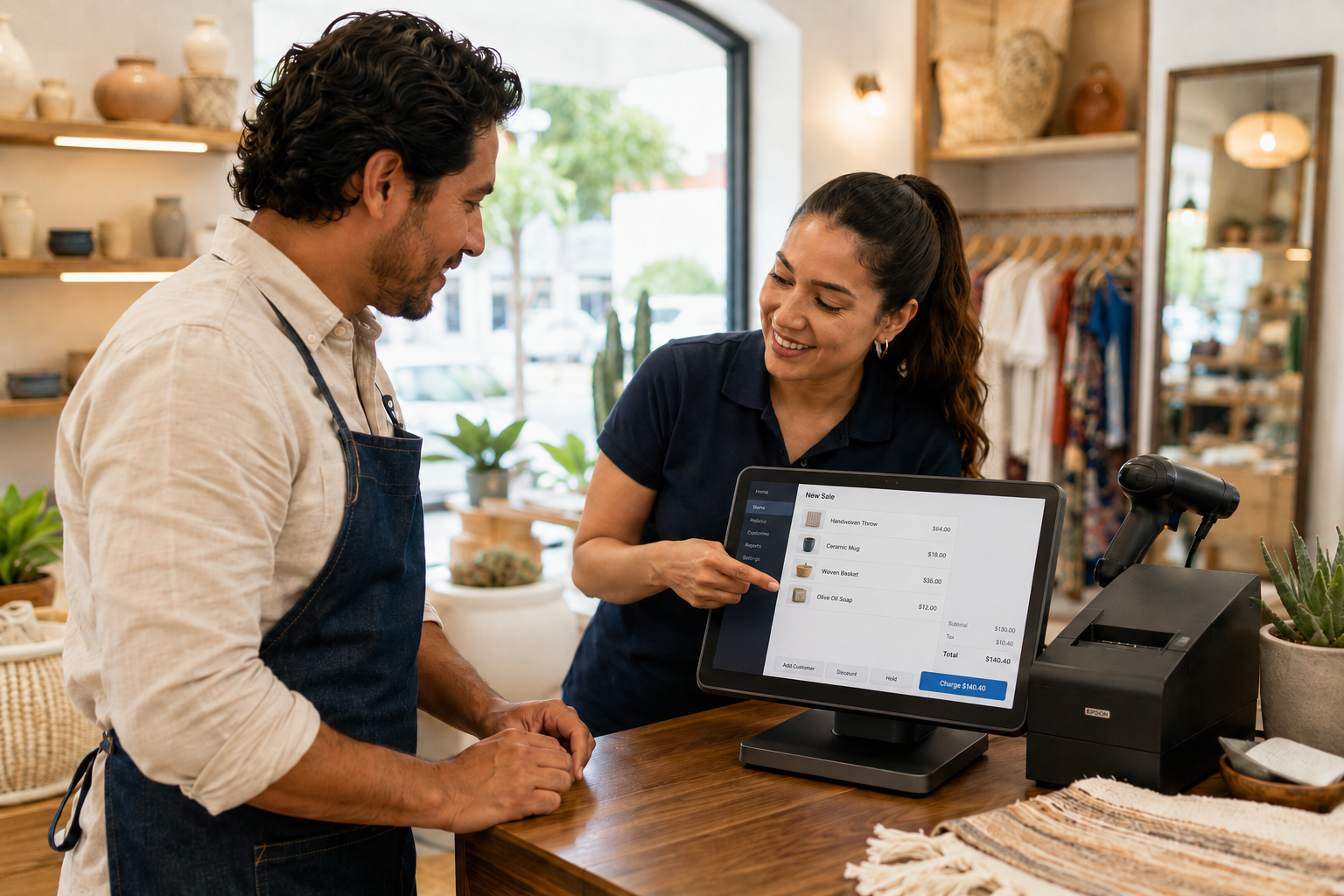 Asesor mostrando un punto de venta a un negocio local
